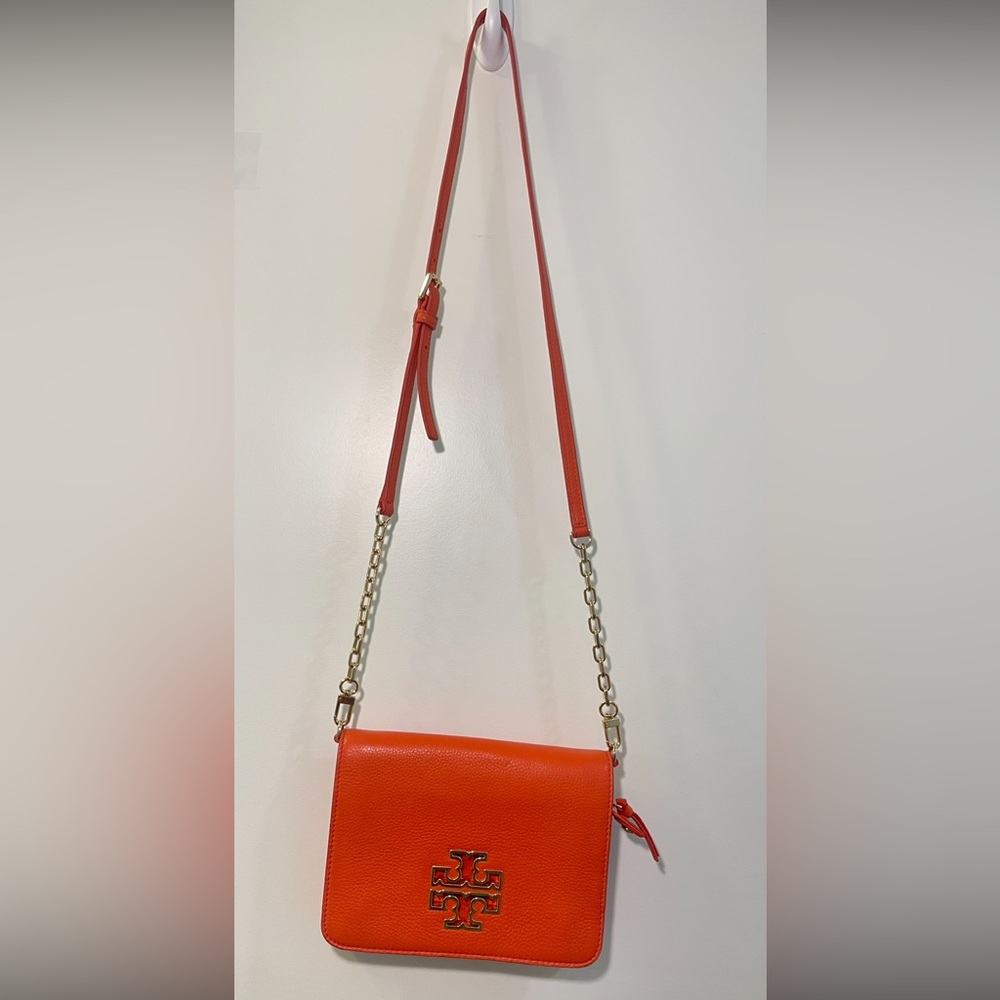 TORY BURCH Chain Shoulder Bag Two Way Clutch Leather Orange